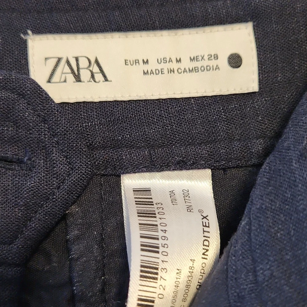Zara Navy Linen Blend Contrast Embroidered Wide Leg Culottes M